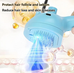 Blue device with glowing blue light on a white background, surrounded by text about hair care benefits.
