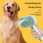 Dog with a grooming tool on a yellow background, promoting massage cleaning and hair prevention.